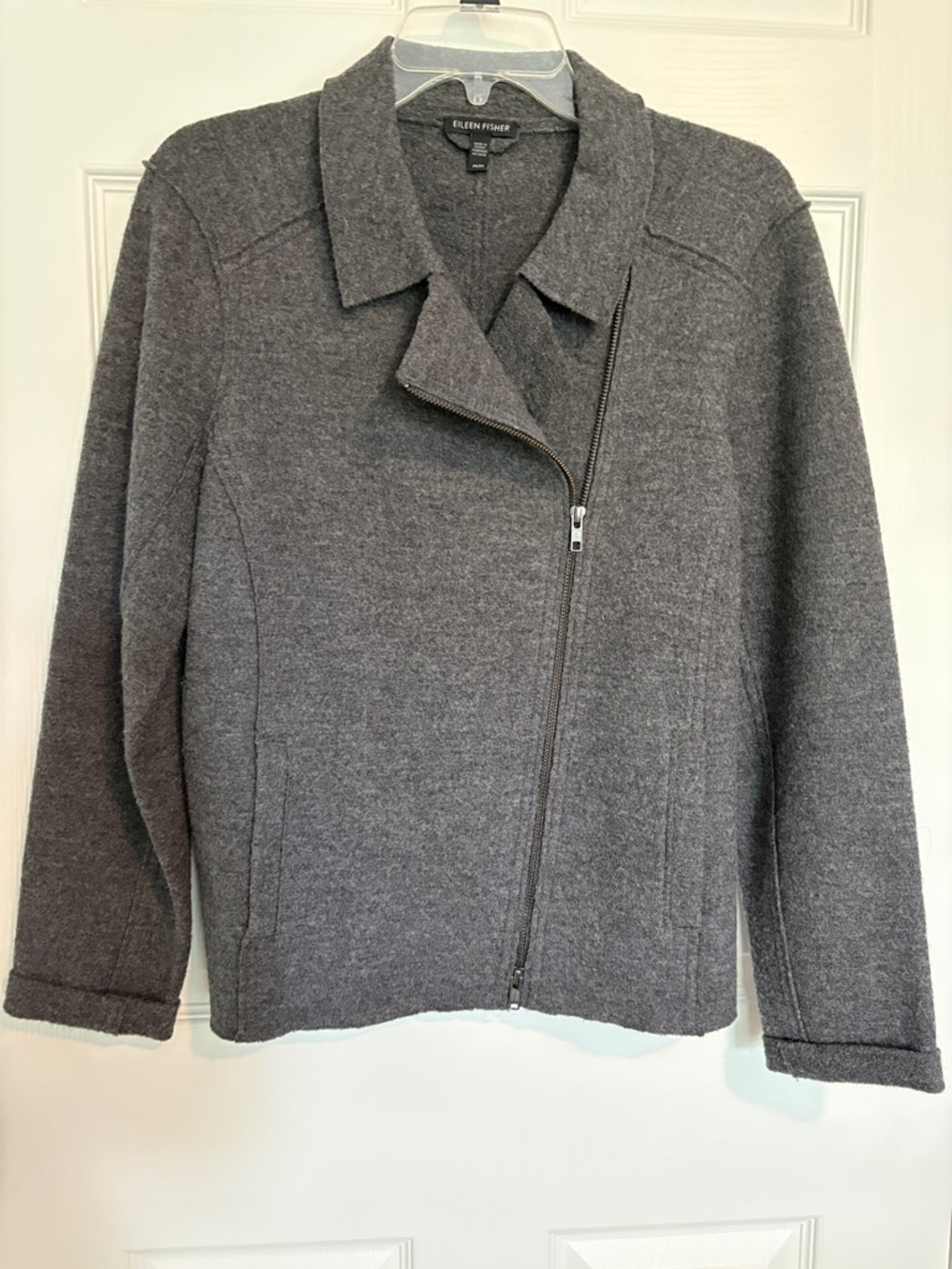 Eileen Fisher Dark Charcoal Asymmetric Zip Wool-Blend Jacket